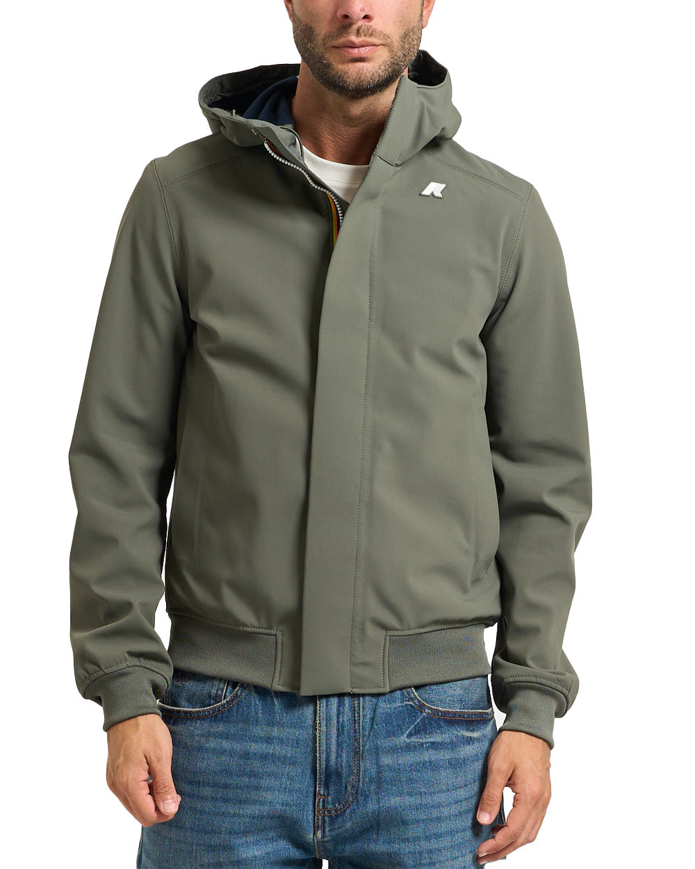 K-WAY Giubbino K-WAY uomo Joachim Bonded K3135KW Verde vestibilità slim fit tasche polsini elasticizzati logo in silicone sul petto chiusura full zip K3135KW AF0