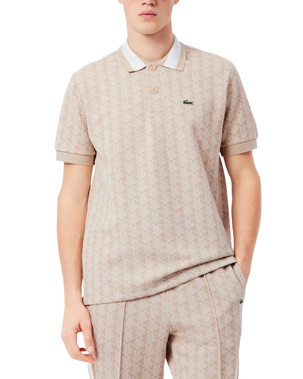 LACOSTE Polo LACOSTE uomo Jacquard DH1417 Beige monogramma poliestere coccodrillo <BR/><BR/> DH1417 8GI