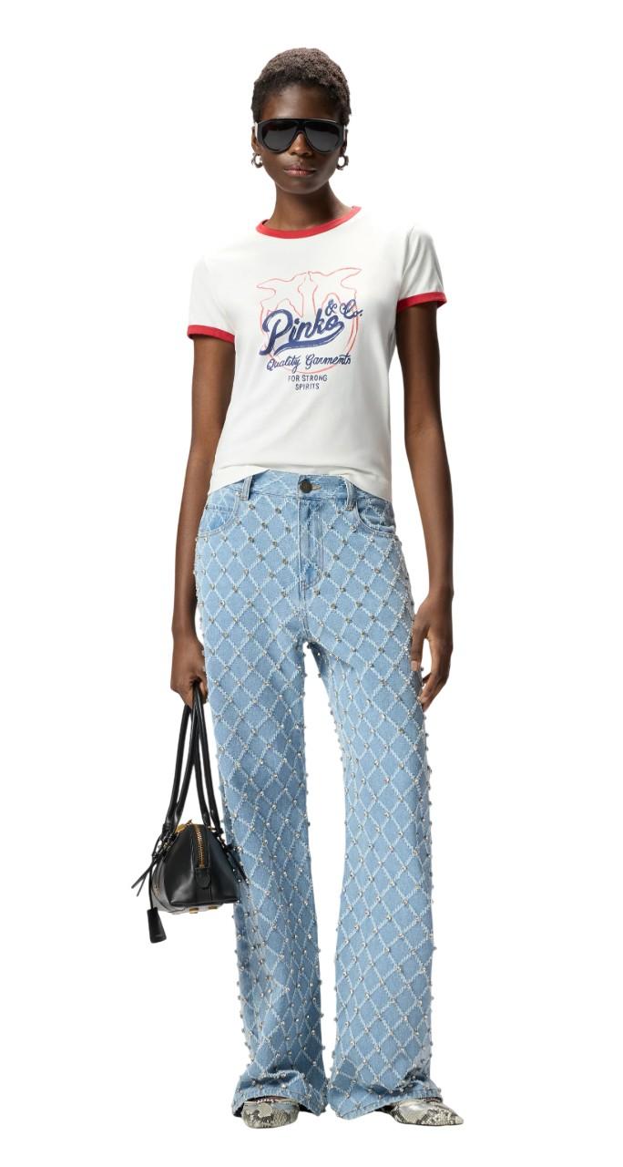 PINKO T-shirt Pinko donna 106902A3C2 ZRE Imperia con stampa logata Bianco Rosso Blu<BR/> 106902A3C2 ZRE