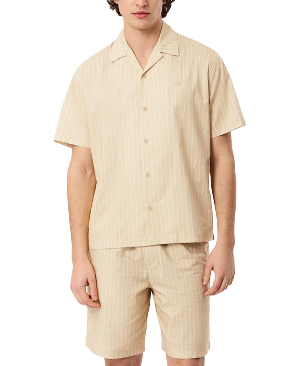 LACOSTE Camicia LACOSTE uomo CH2343 Beige cotone relaxed fit stampa righe coccodrilli CH2343 2IU