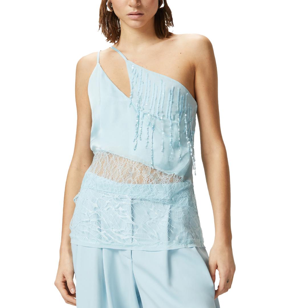 PINKO Top Pinko donna Tucano 104765A2DG Celeste raso patchwork pizzo rete smanicata 104765A2DG E28