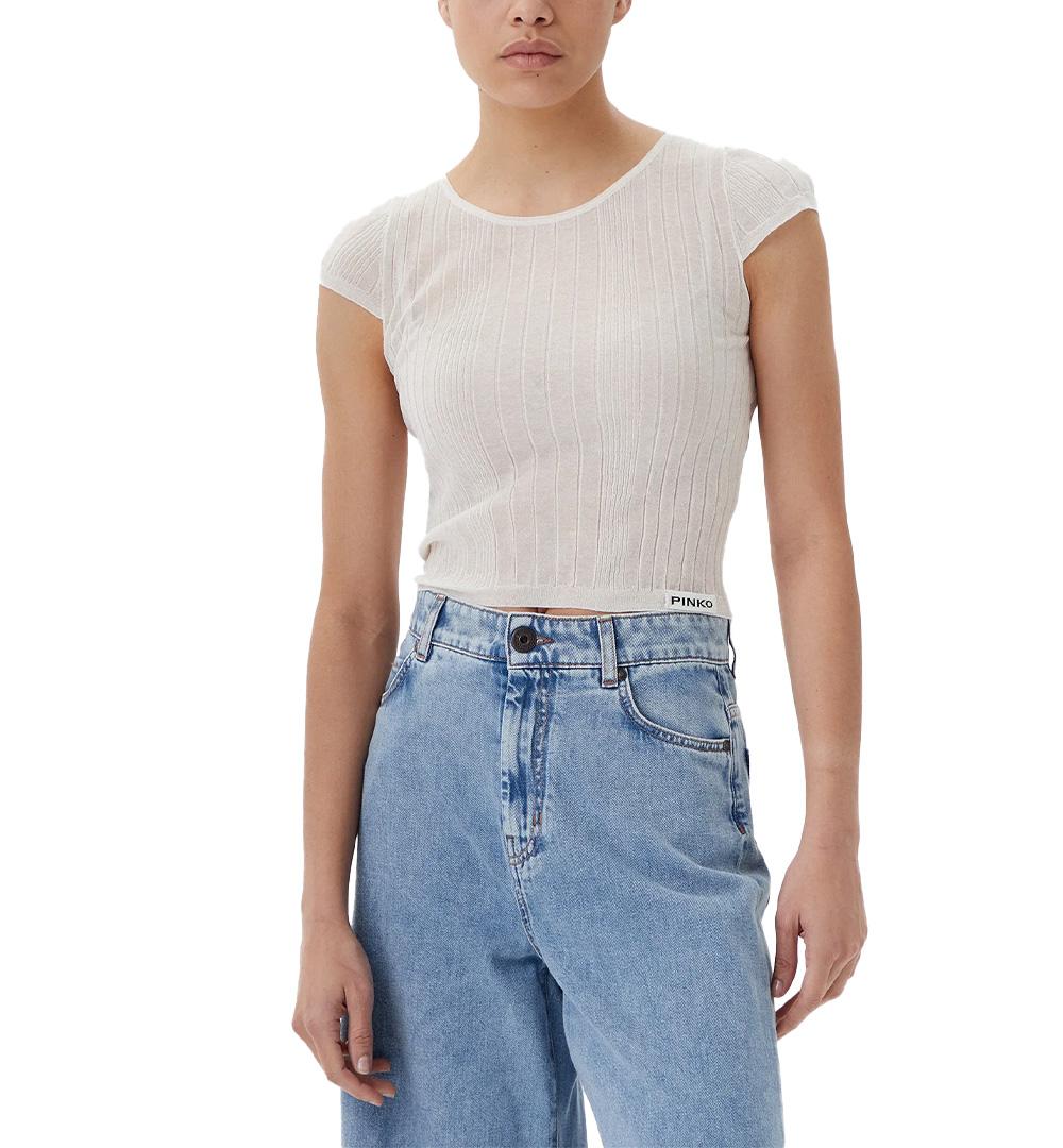 PINKO Maglia Pinko donna Tambora 104773 A1ND Bianca cotone nylon cropped manica corta scollo rotondo 104773 A1ND Z09