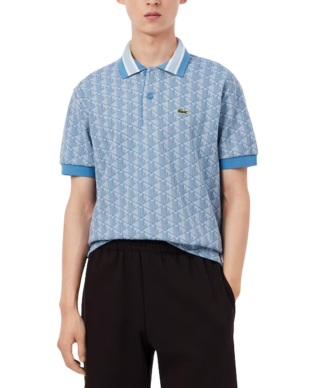 LACOSTE Polo LACOSTE uomo Jacquard DH1417 Celeste monogramma poliestere coccodrillo <BR/><BR/> DH1417 1Q1