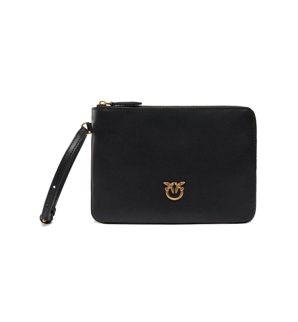 PINKO Pochette Pinko Wristlet nera oro squadrata pelle da polso logo Love birds 104353A0F1 Z99Q