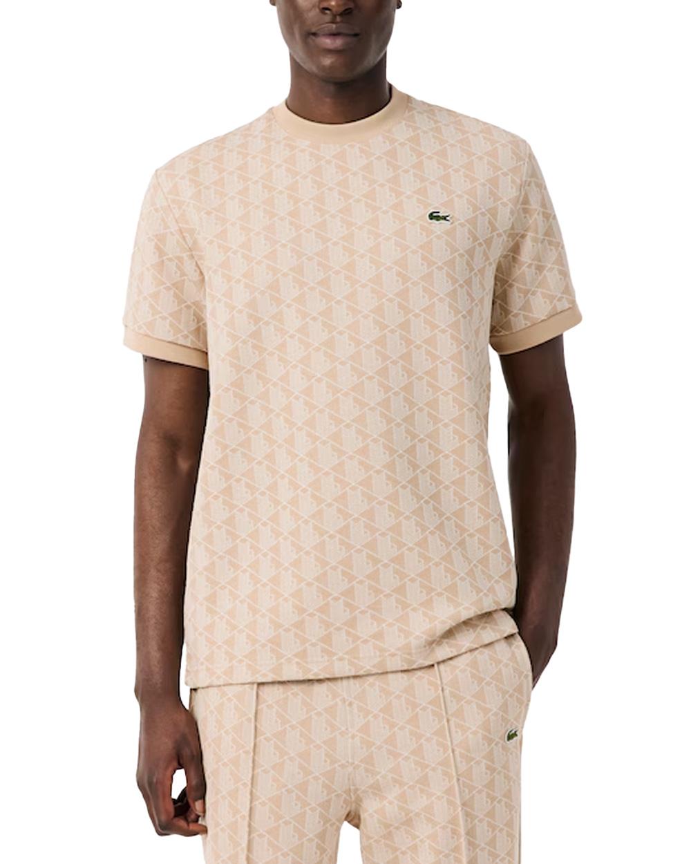 LACOSTE T-shirt LACOSTE uomo monogramma jacquard TH1197T Beige cotone maniche corte coccodrillo TH1197T 8GI