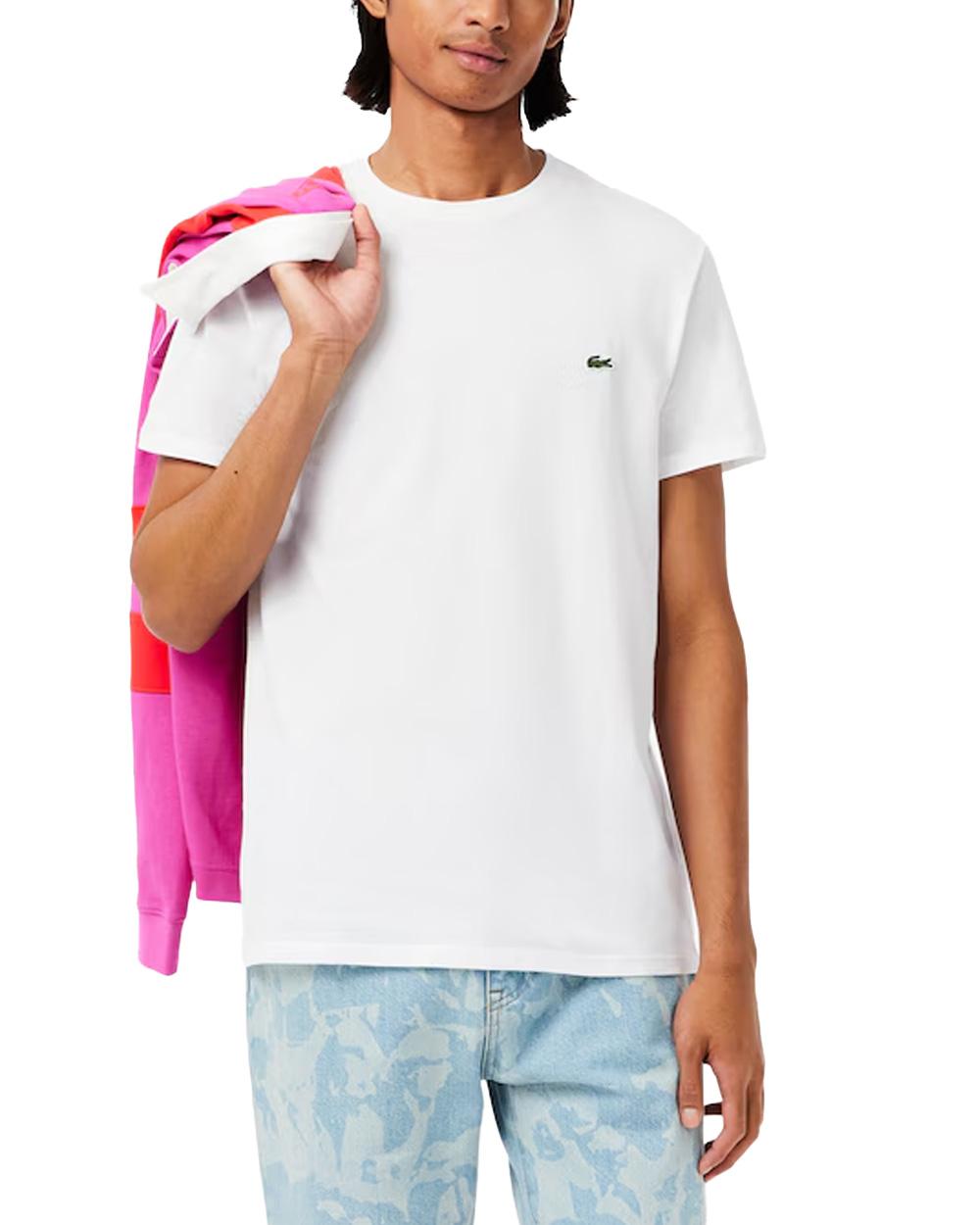 LACOSTE T-shirt LACOSTE uomo TH6709 Bianca pregiato cotone taglio dritto regular coccodrillo TH6709 001