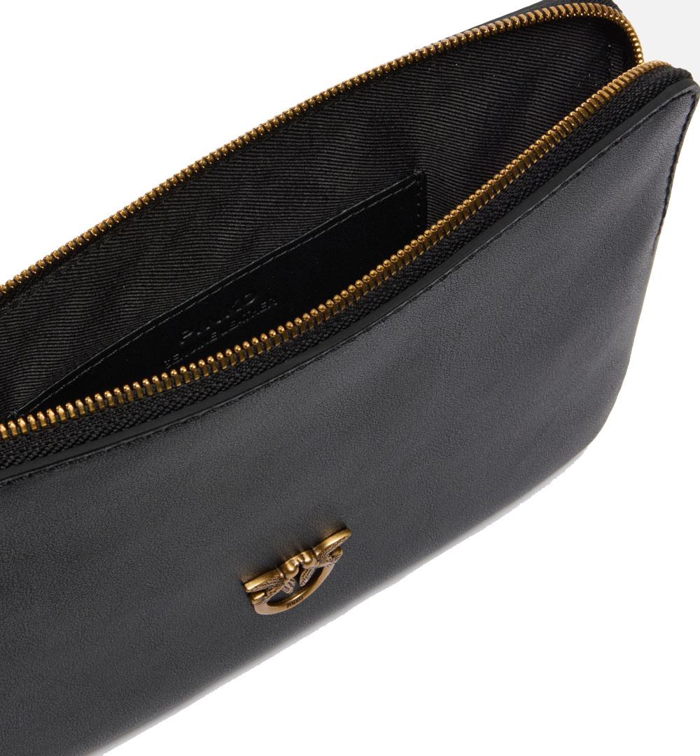 PINKO Pochette Pinko Wristlet nera oro squadrata pelle da polso logo Love birds 104353A0F1 Z99Q