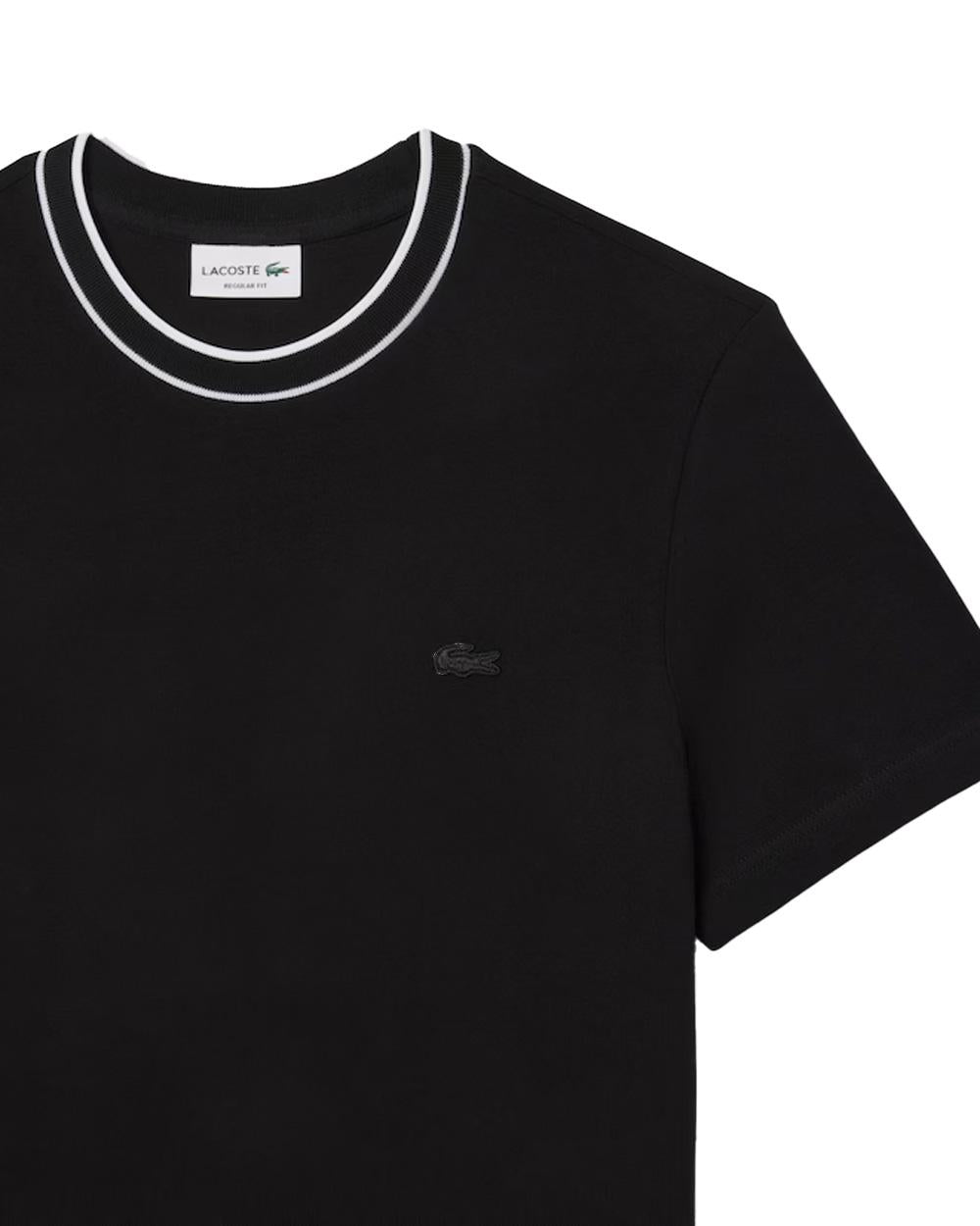 LACOSTE T-shirt LACOSTE uomo TH8174 Nera cotone regular taglio dritto colletto costine righe coccodrillo TH8174 031