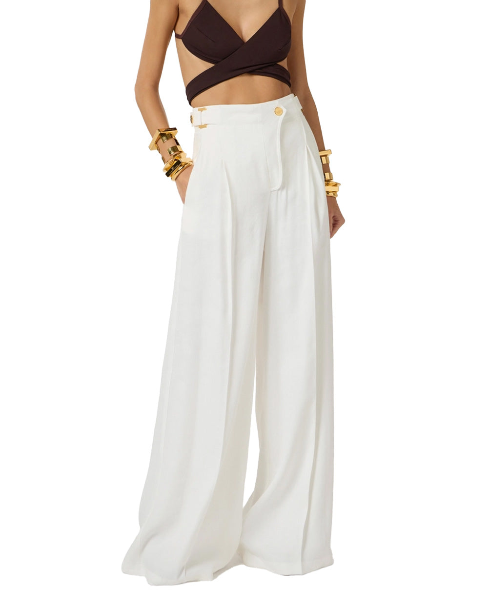ELISABETTA FRANCHI Pantalone ELISABETTA FRANCHI donna PA12762E2 Avorio vita alta lino palazzo over fascione PA12762E2 360 