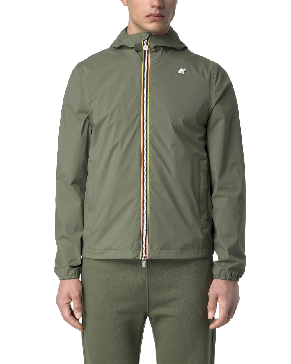 K-WAY Giubbino K-WAY uomo K3123UW JACK STRETCH NYLON JERSEY Verde impermeabile antivento cappuccio zip K3123UW V15 
