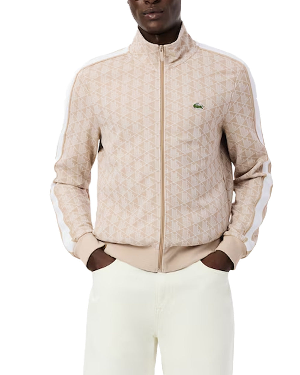 LACOSTE Felpa LACOSTE uomo PARIS SH1368 Beige cotone organico monogramma taglio regular fit tasche coccodrillo SH1368 8GI 