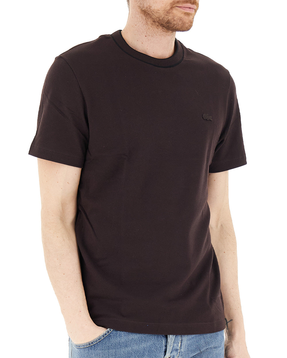 LACOSTE T-shirt LACOSTE uomo TH8174T Marrone cotone regular taglio dritto colletto costine righe coccodrillo TH8174T 3LA 
