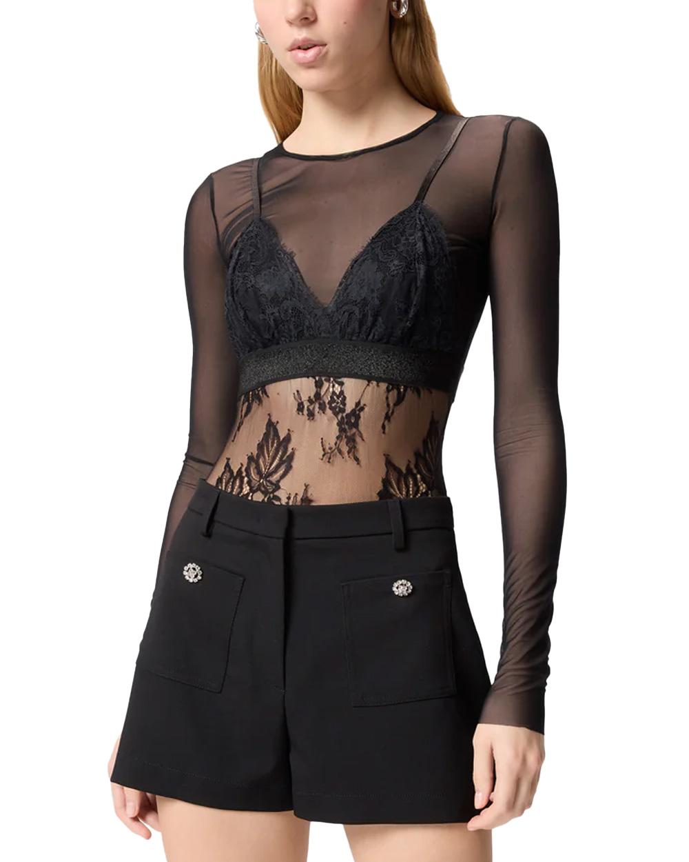 PINKO Body PINKO donna FAGIOLINO BODYSUIT 106272A33E Nero pizzo tulle spalline semitrasparente<BR/> 106272A33E Z99 