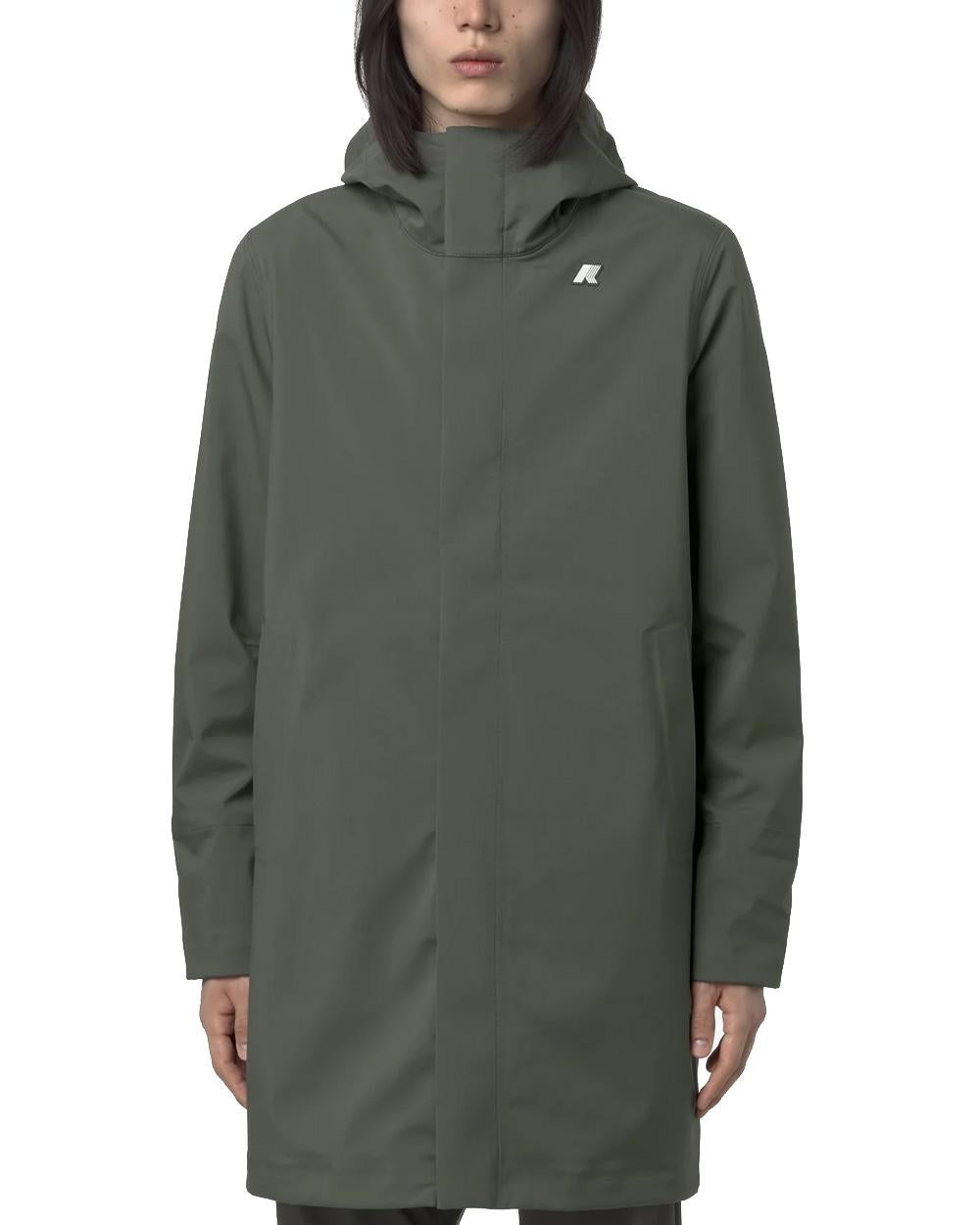 K-WAY Giubbino K-WAY uomo THOMAS BONDED K7126WW Verde taglio lungo linea slim tessuto a tre strati cappuccio regolabile chiusura con zip K7126WW AF0 