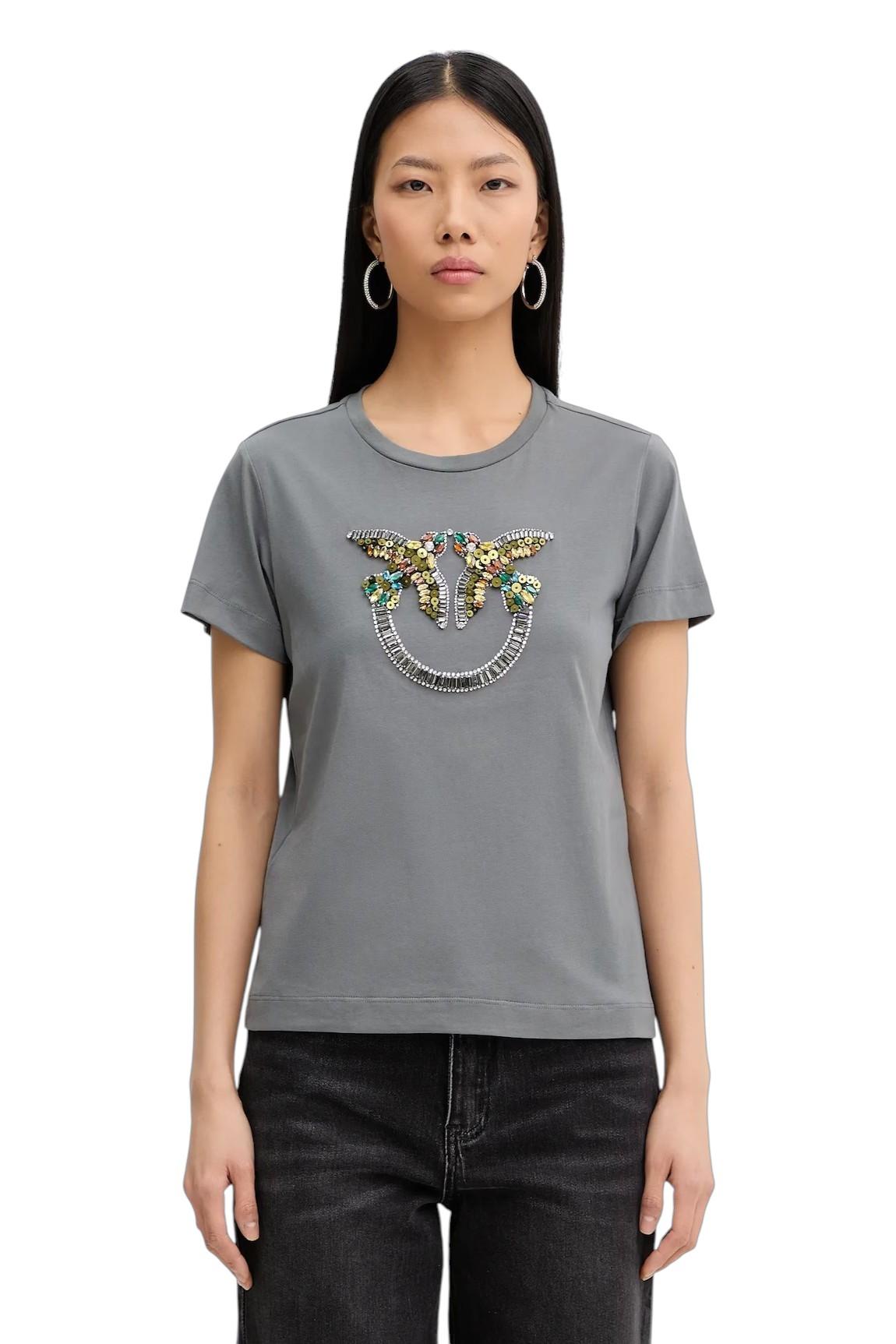 PINKO T-shirt Pinko donna 100535A33F K10 Quentin con maxi ricamo gioiello Grigio<BR/> 100535A33F K10 