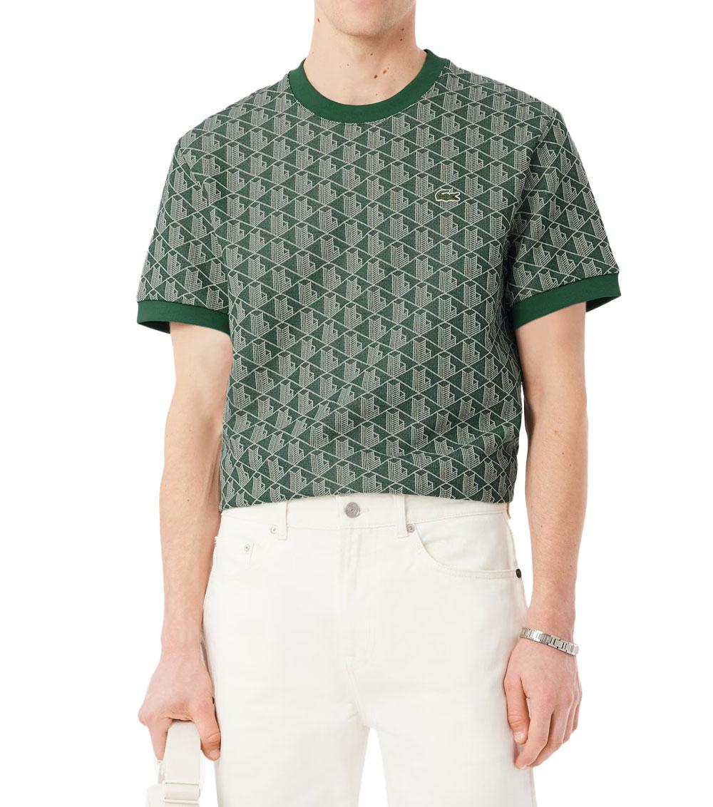 LACOSTE T-shirt LACOSTE uomo monogramma jacquard TH1197T verde cotone maniche corte coccodrillo TH1197T D1R 