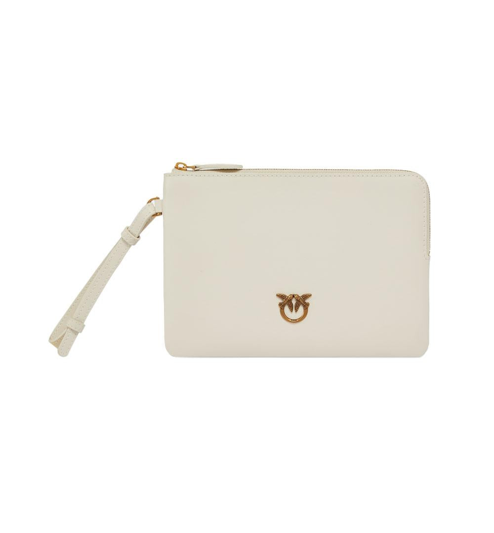 PINKO Pochette Pinko Wristlet bianca oro squadrata pelle da polso logo Love birds 104353A0F1 Z14Q 