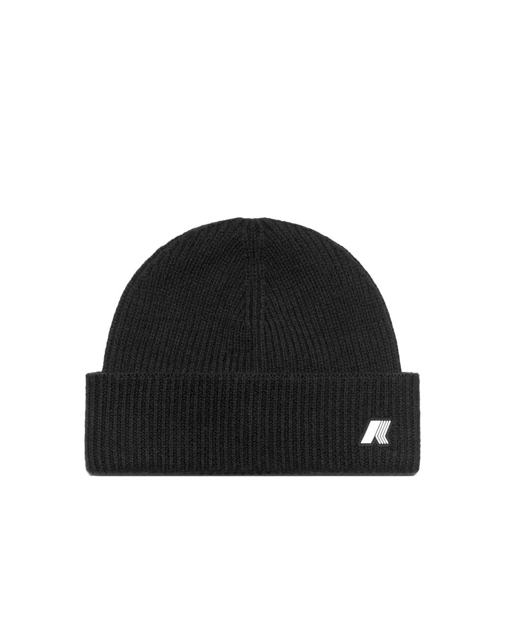 K-WAY Cappello K-WAY uomo BRICE CARDIGAN STITCH WOOL K2132HW Nero in lana con lavorazione a costa inglese risvolto classico logo in silicone K2132HW AZ3 