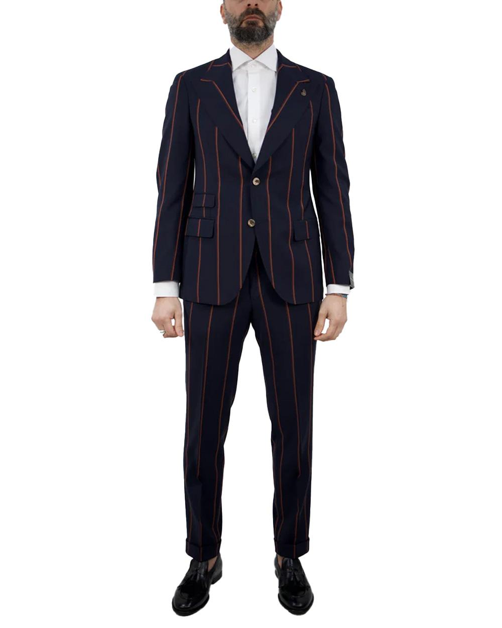 GABRIELE PASINI Abito Pasini uomo 54229 4748 Gessato design a righe sottili blu e ruggine monopetto tasche con patta taglio sartoriale 54229 4748 01 