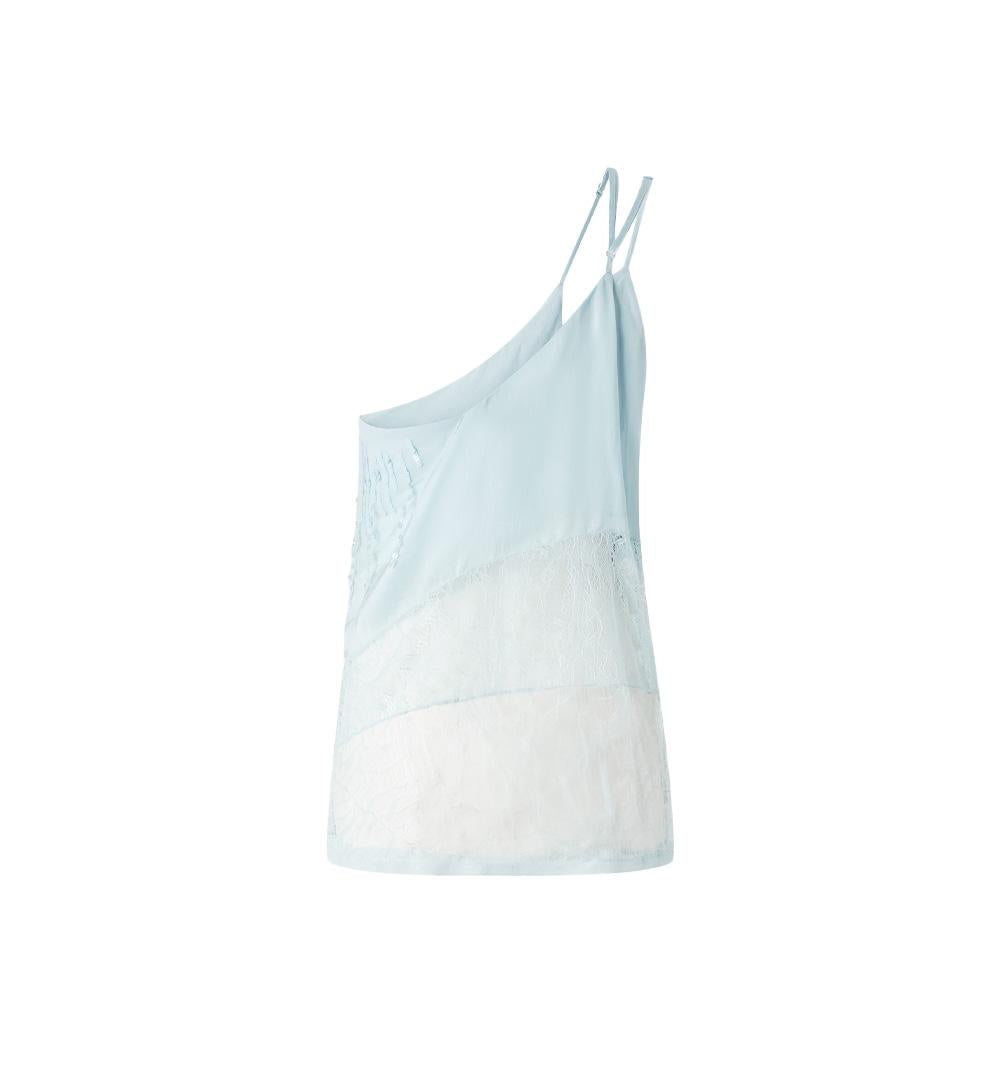 PINKO Top Pinko donna Tucano 104765A2DG Celeste raso patchwork pizzo rete smanicata 104765A2DG E28 