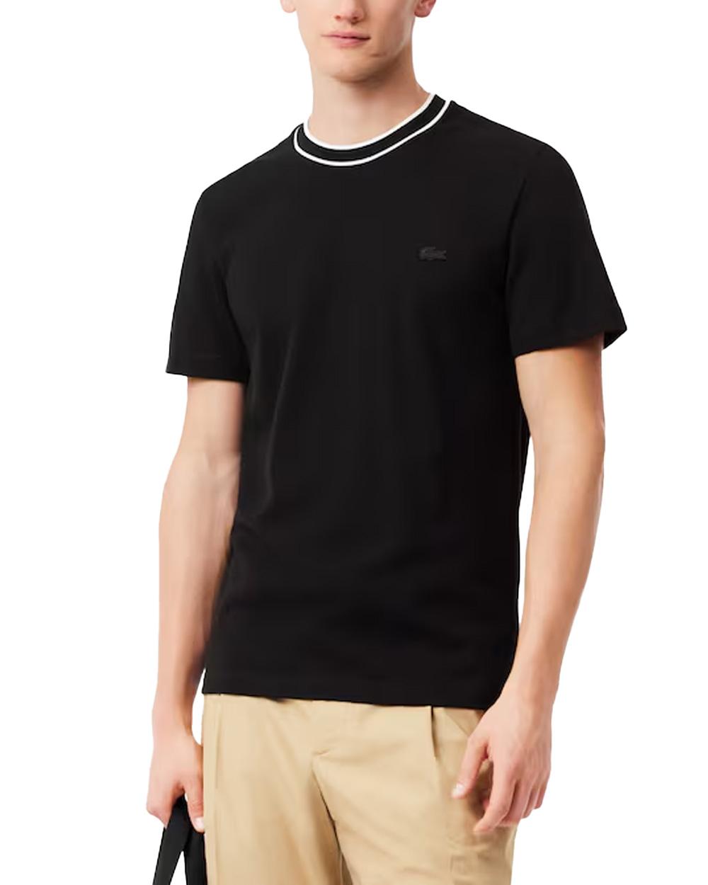 LACOSTE T-shirt LACOSTE uomo TH8174 Nera cotone regular taglio dritto colletto costine righe coccodrillo TH8174 031 