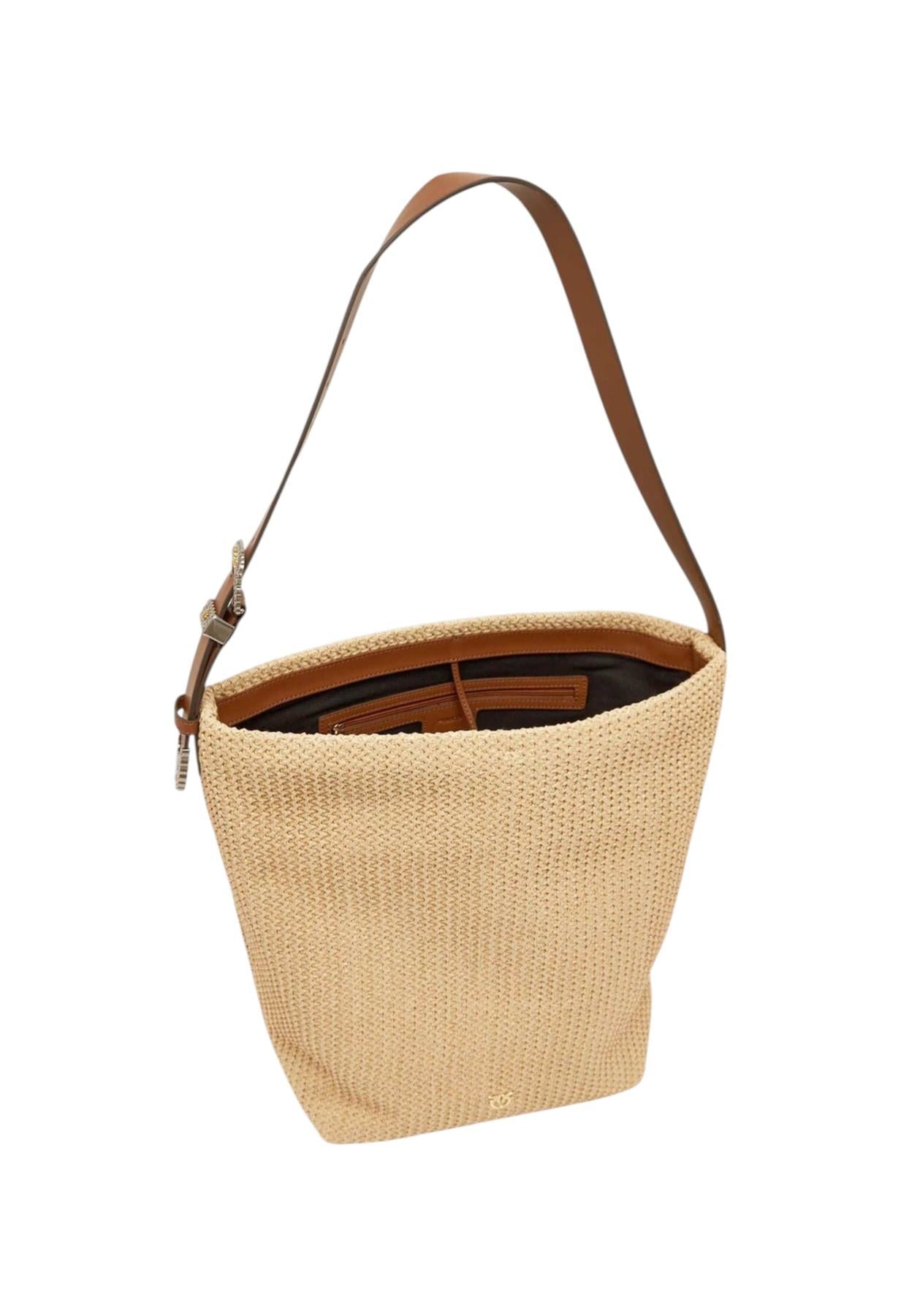 PINKO Borsa Pinko donna 106834A391 HH24 Bucket Big Trittico Rafia Pelle Beige<BR/> 106834A391 HH24 