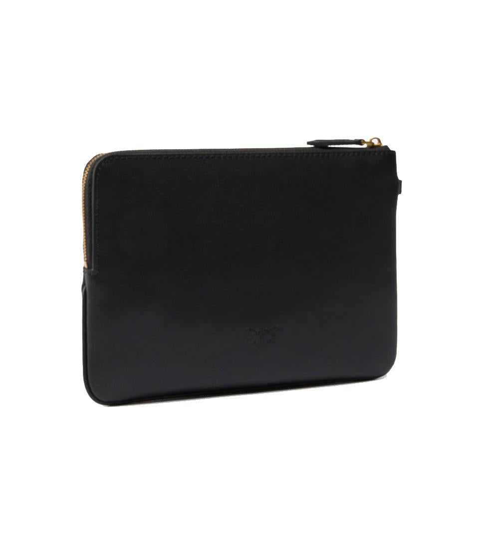 PINKO Pochette Pinko Wristlet nera oro squadrata pelle da polso logo Love birds 104353A0F1 Z99Q 