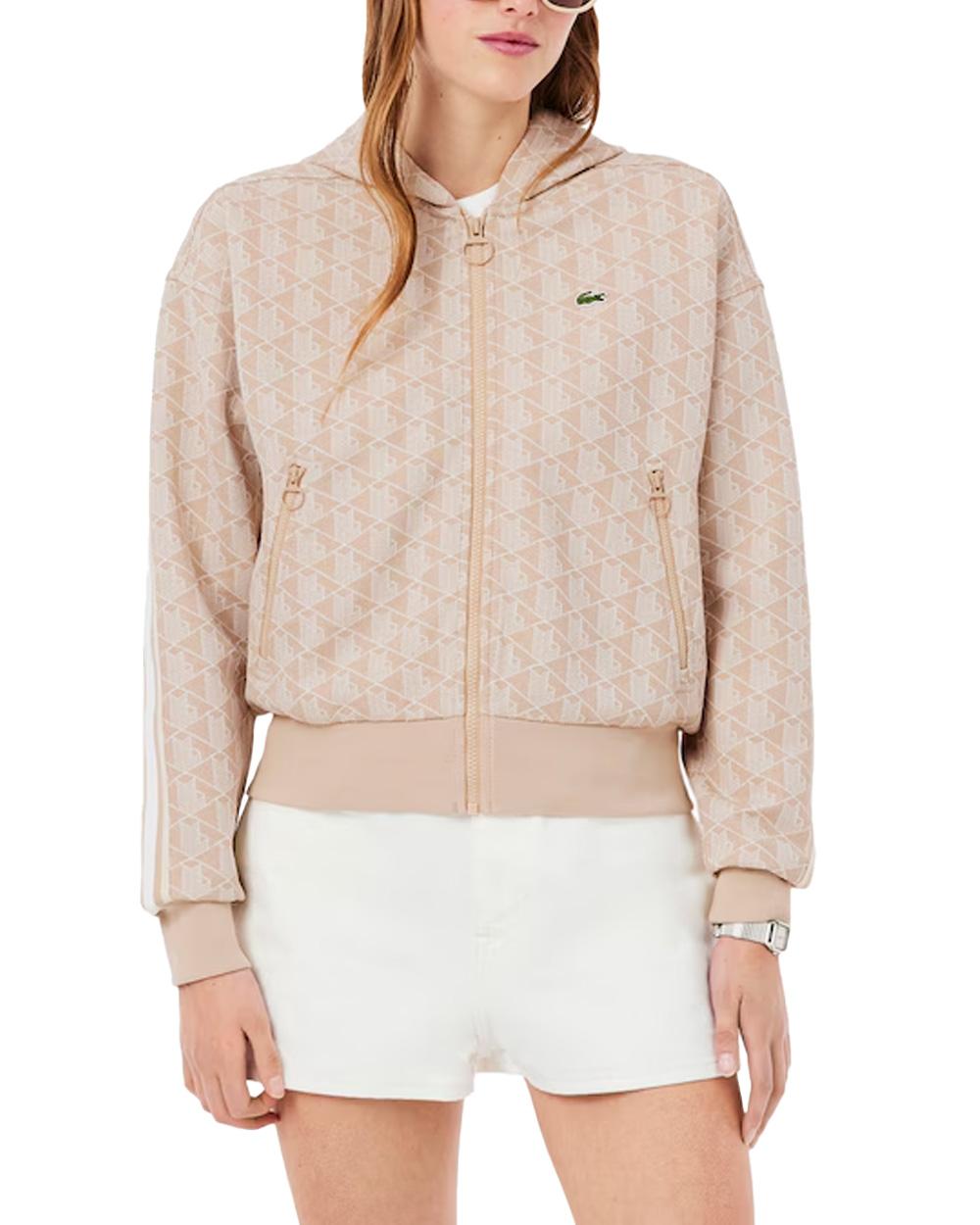LACOSTE Felpa LACOSTE donna SF7606 Beige cappuccio regular fit taglio dritto coccodrillo SF7606 8GI 