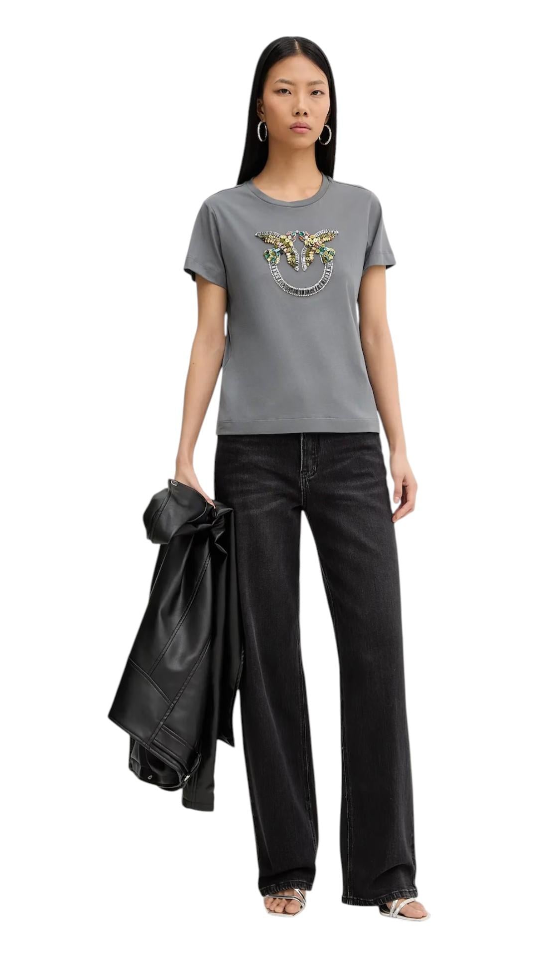 PINKO T-shirt Pinko donna 100535A33F K10 Quentin con maxi ricamo gioiello Grigio<BR/> 100535A33F K10 