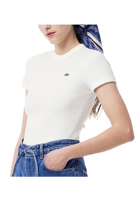 T-shirt Lacoste donna TF5538 Bianca slim fit tinta unita logo a contrasto manica corta a costine LACOSTE | T-shirt | TF553870V
