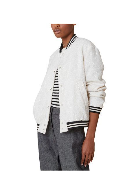 Bomber Pennyblack donna Moira 2511041017200 Bianco/nero paillettes bordi in maglia rigata tasche a filo PENNYBLACK | Bomber | 2511041017200001