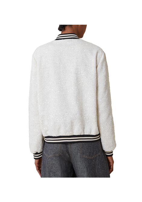 Bomber Pennyblack donna Moira 2511041017200 Bianco/nero paillettes bordi in maglia rigata tasche a filo PENNYBLACK | Bomber | 2511041017200001