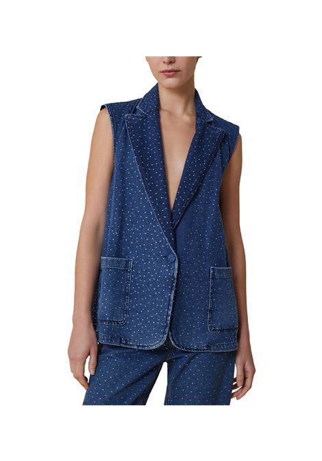 Gilet Pennyblack donna Lalla 2511151022200 Denim strass all over monopetto bottone revers tasche PENNYBLACK | Gilet | 2511151022200002