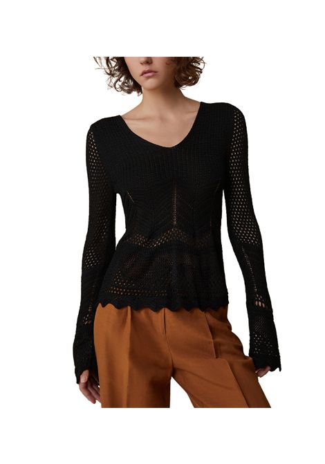 Maglia Pennyblack donna Salerno 2511361183200 Nera slim fit viscosa lurex ampio scollo a v orli smerlati PENNYBLACK | Maglie | 2511361183200004
