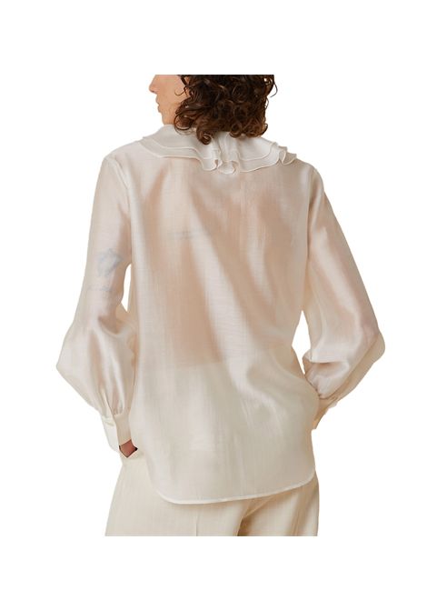 Blusa Pennyblack donna Quero 2512111012200 Bianca doppi volant scollo a v laccetti polsi a sbuffo PENNYBLACK | Bluse | 2512111012200001