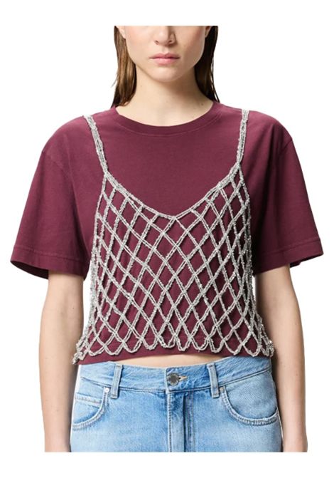 T-shirt Pinko donna Victor 105145A2LT Bordeaux cropped manica corta crochet metallizzata paillettes PINKO | 105145A2LTYI0