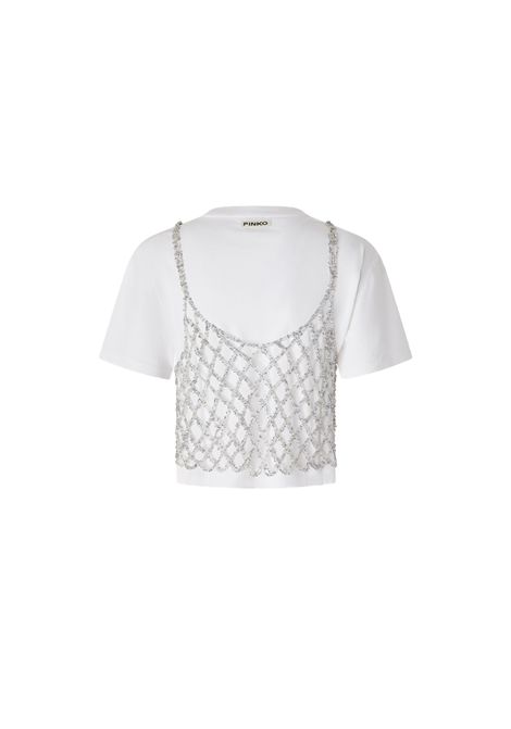 T-shirt Pinko donna Victor 105145A2LT Bianco cropped manica corta crochet metallizzata paillettes PINKO | Maglie | 105145A2LTZI6
