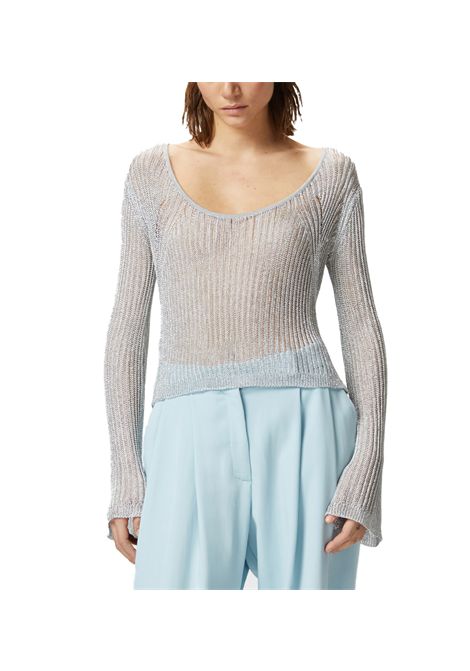 Maglia Pinko donna Nathan 105147A2LO Argento viscosa semitrasparente scollo tondo logo PINKO | Maglie | 105147A2LOI12