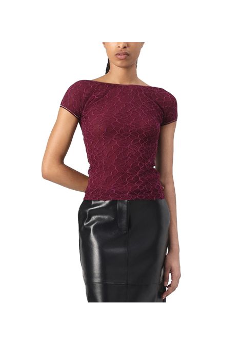 Top Pinko donna Cody 105228A2M5 Bordeaux pizzo stretch scollo barchetta ampio nylon PINKO | Top | 105228A2M5R62