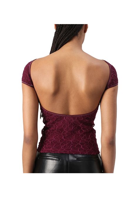Top Pinko donna Cody 105228A2M5 Bordeaux pizzo stretch scollo barchetta ampio nylon PINKO | Top | 105228A2M5R62