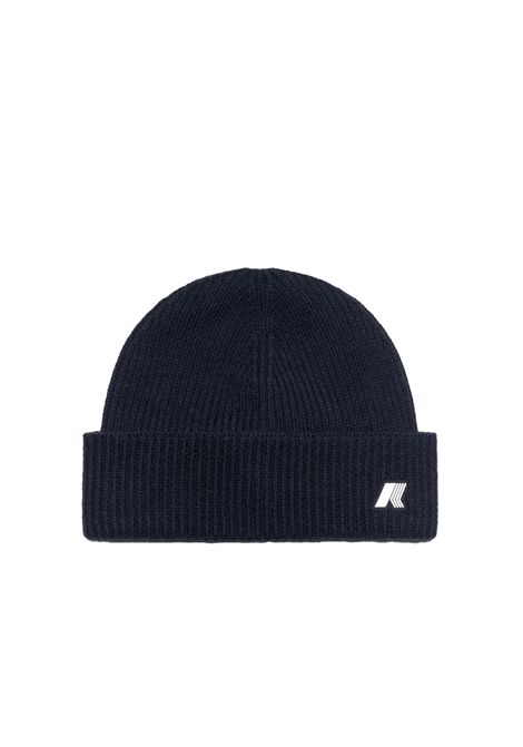 Cappello K-WAY uomo BRICE CARDIGAN STITCH WOOL K2132HW Blu in lana con lavorazione a costa inglese risvolto classico logo in silicone K-WAY | Cappelli | K2132HWAZ2