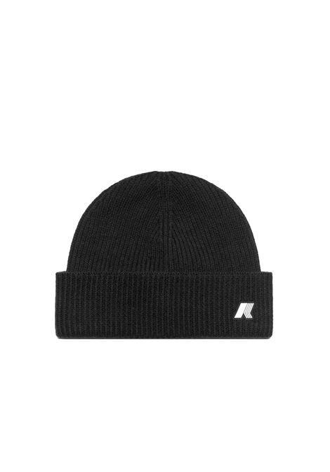 Cappello K-WAY uomo BRICE CARDIGAN STITCH WOOL K2132HW Nero in lana con lavorazione a costa inglese risvolto classico logo in silicone K-WAY | Cappelli | K2132HWAZ3