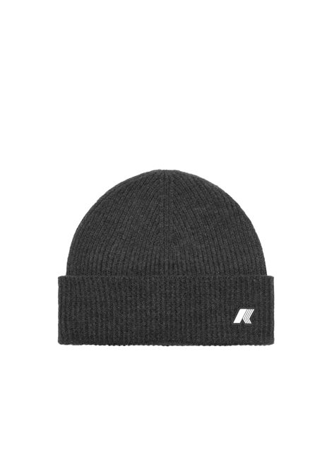 Cappello K-WAY uomo BRICE CARDIGAN STITCH WOOL K2132HW Grigio in lana con lavorazione a costa inglese risvolto classico logo in silicone  K-WAY | Cappelli | K2132HWKC1